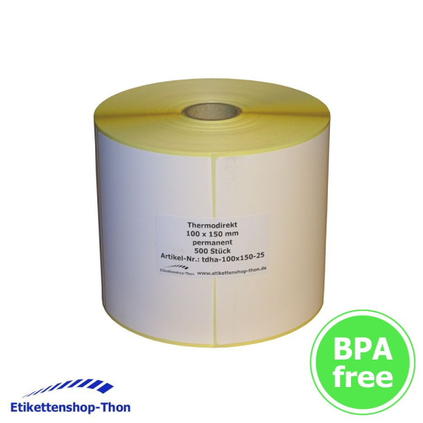 Thermodirekt - Haftetiketten auf Rolle - 100 x 150 mm - 500 Stück - Hülse 40 mm - permanent haftend - weiß - außen